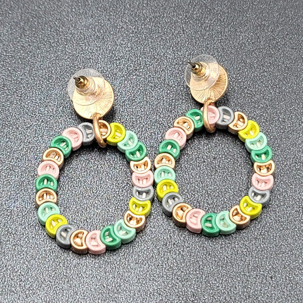 Pierced Earrings Gold tone Multicolor Strung Beads Hoop 2"