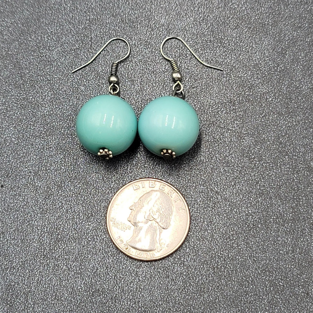 Pierced Earrings Silver tone Baby Blue Round Bead Dangle 1"