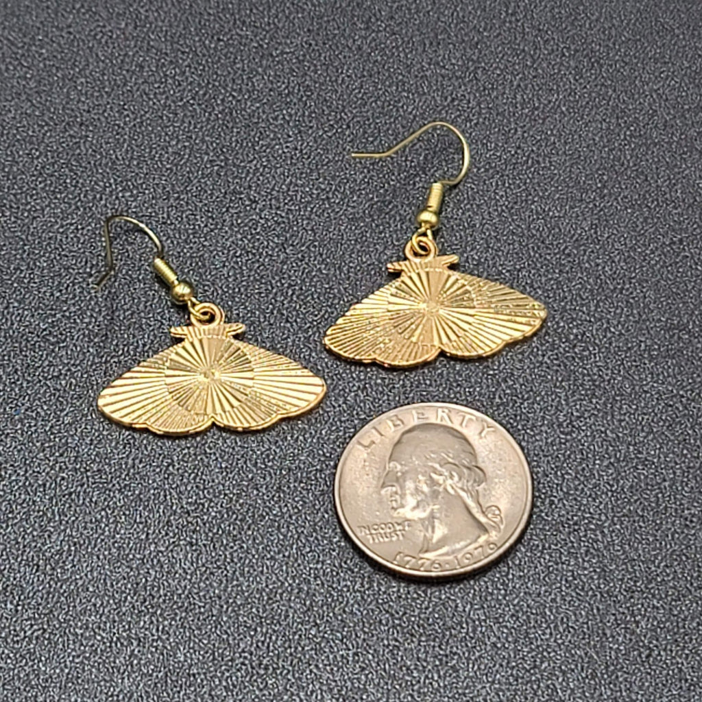 Moth Pierced Earrings Gold tone Pink Black Moons Enamel Dangle 5/8"