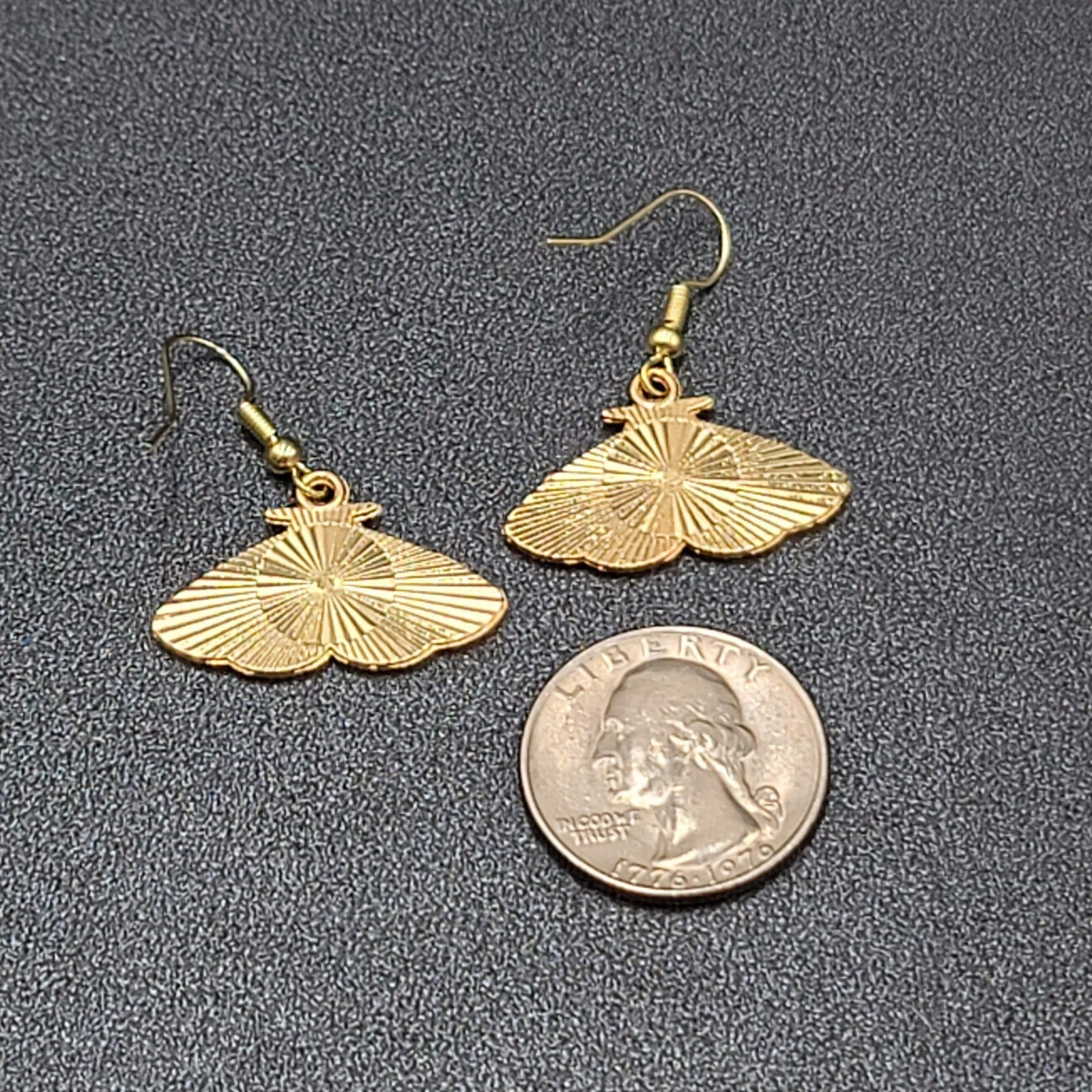 Moth Pierced Earrings Gold tone Pink Black Moons Enamel Dangle 5/8"