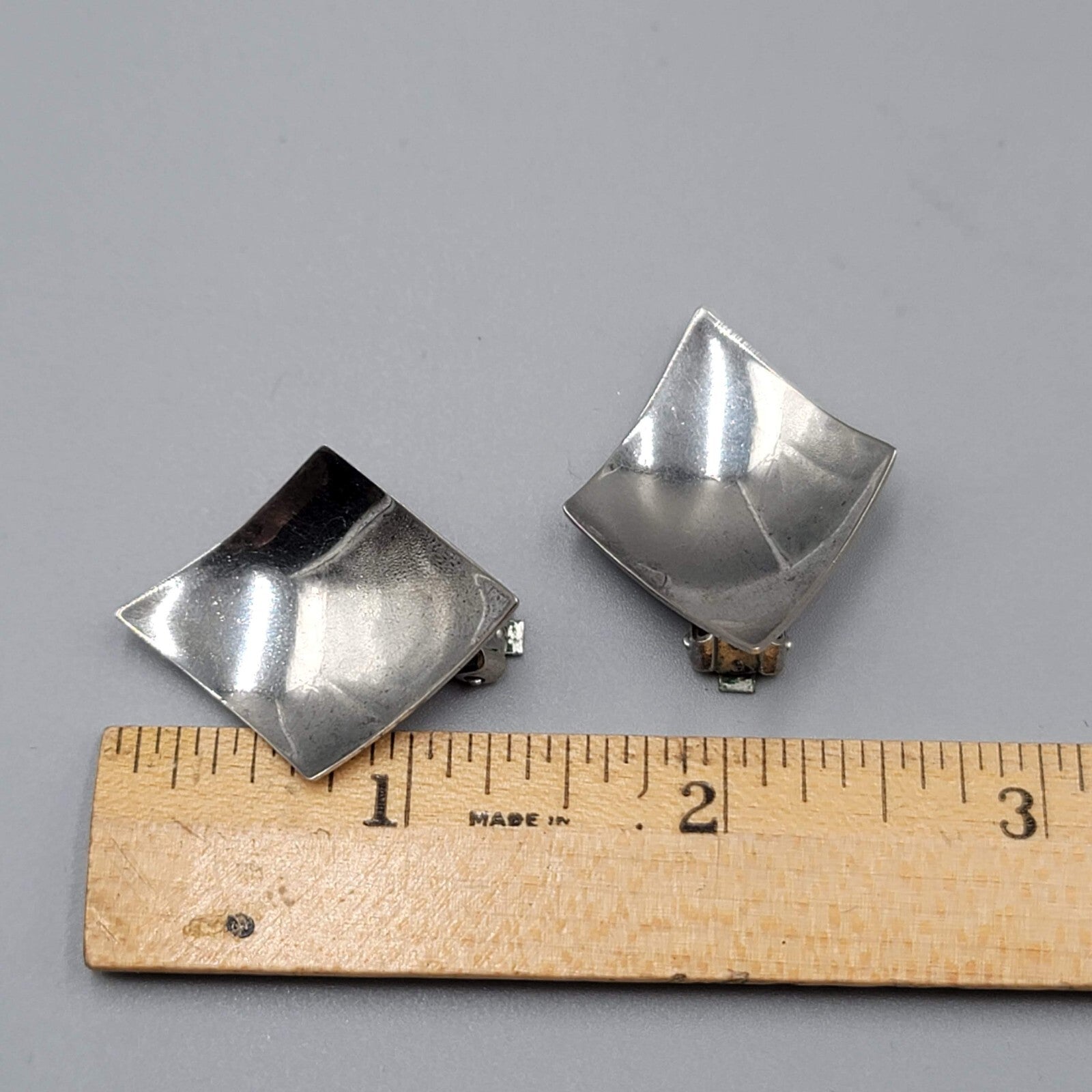 Vintage Clip on Earrings Diamond Curve Shape Silver tone Statement 1.25"