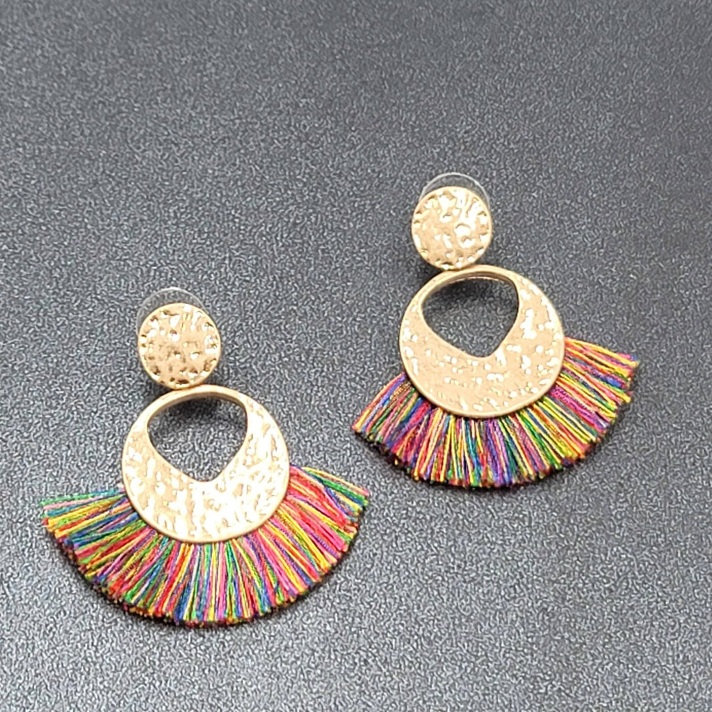 Pierced Earrings Gold tone Multicolor Tassel Boho 1.75"