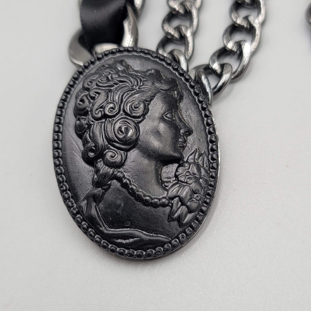 Black Cameo Necklace Chain Satin Ribbon Large Statement Goth 20+"