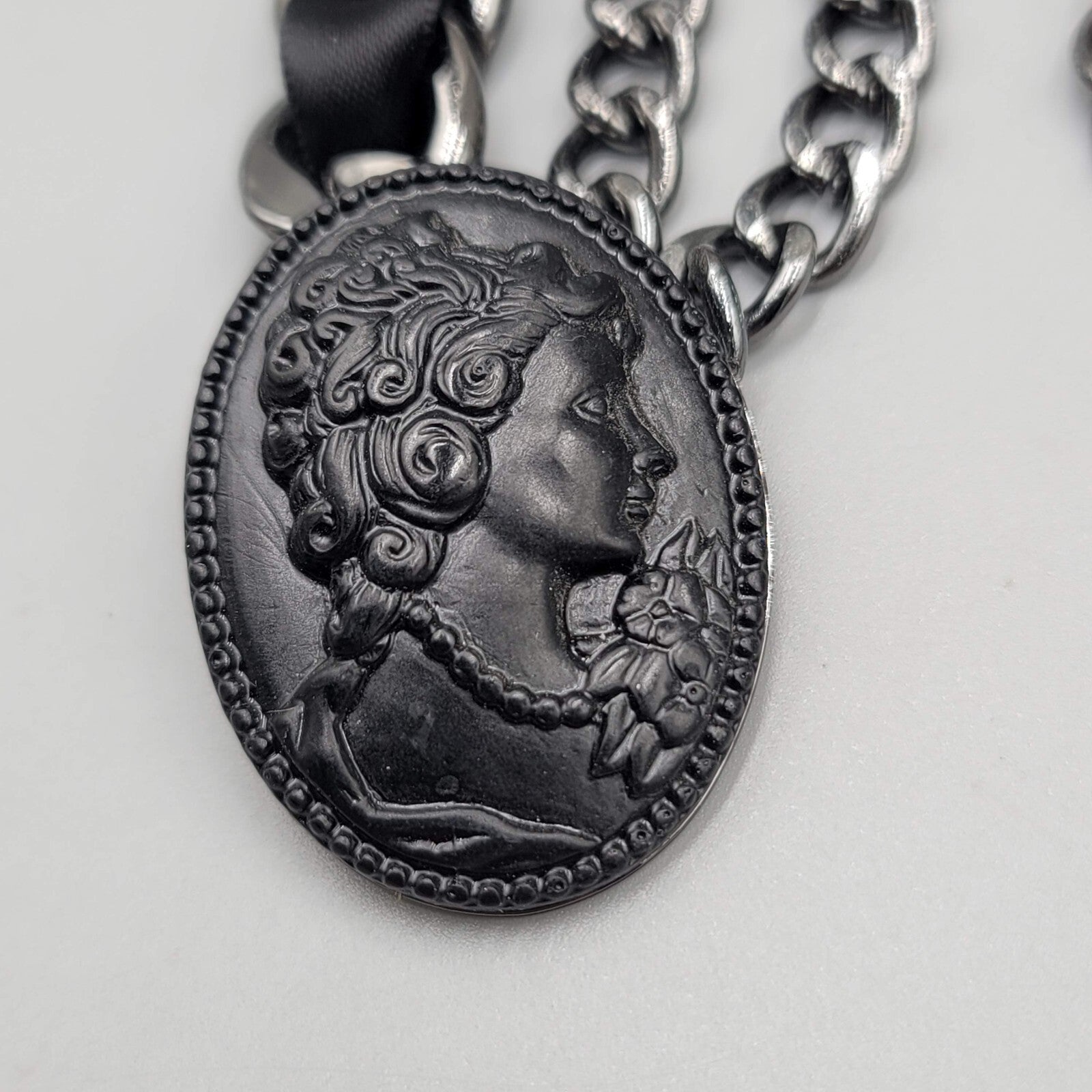 Black Cameo Necklace Chain Satin Ribbon Large Statement Goth 20+"