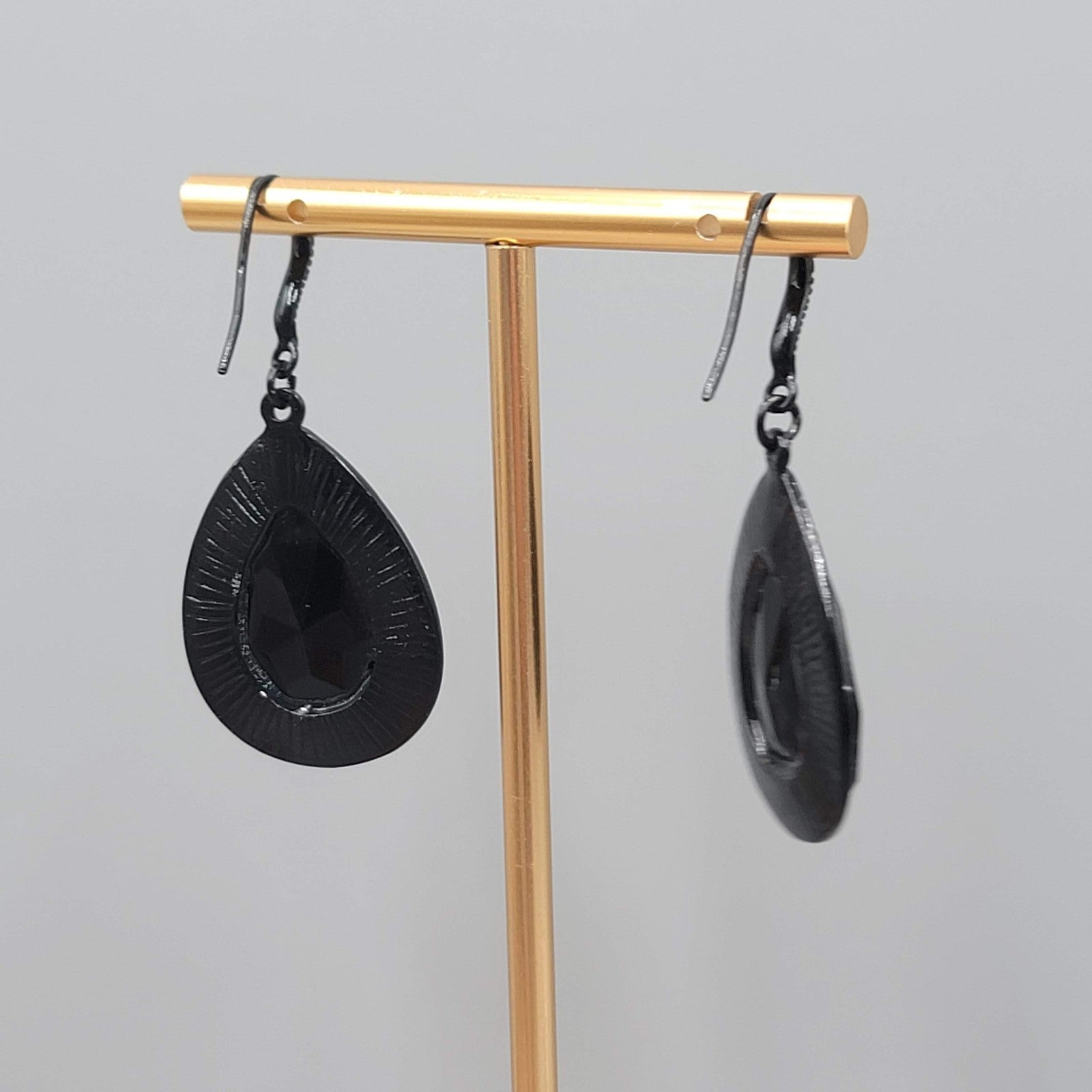 Black Enamel Teardrop Rhinestone Pierced Earrings Dangle 1 3/8 in