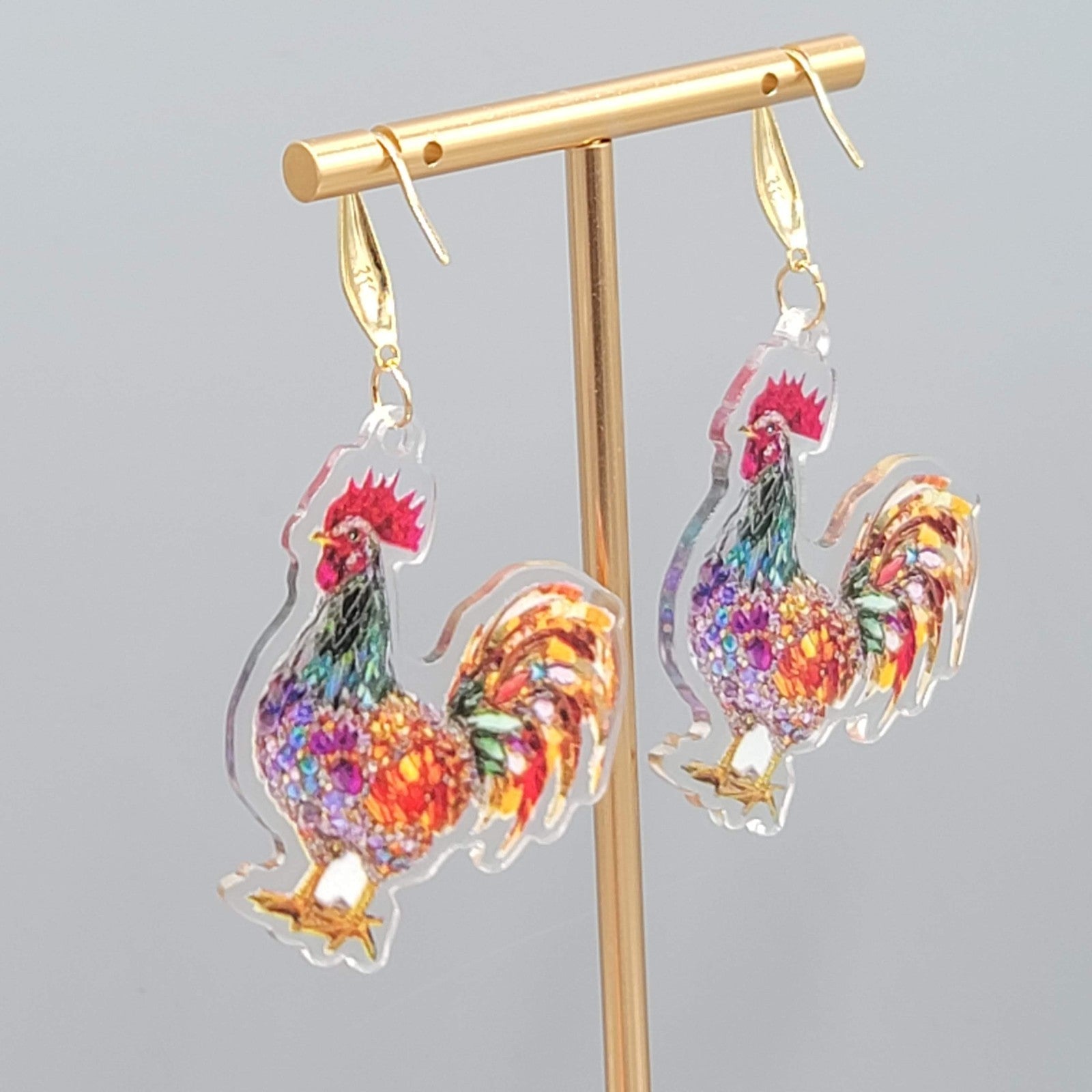 Multicolor Mosiac Rosster Pierced Earrings Acrylic Dangle Gold tone Hook 1.75"
