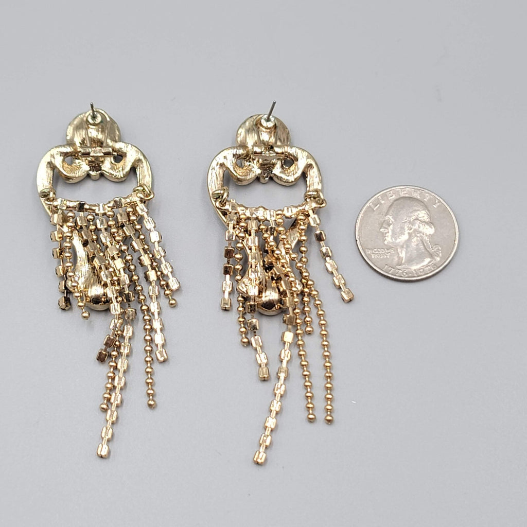 Statement Pierced Earrings Gold tone Black Rhinestone Chandelier Long 3.25"