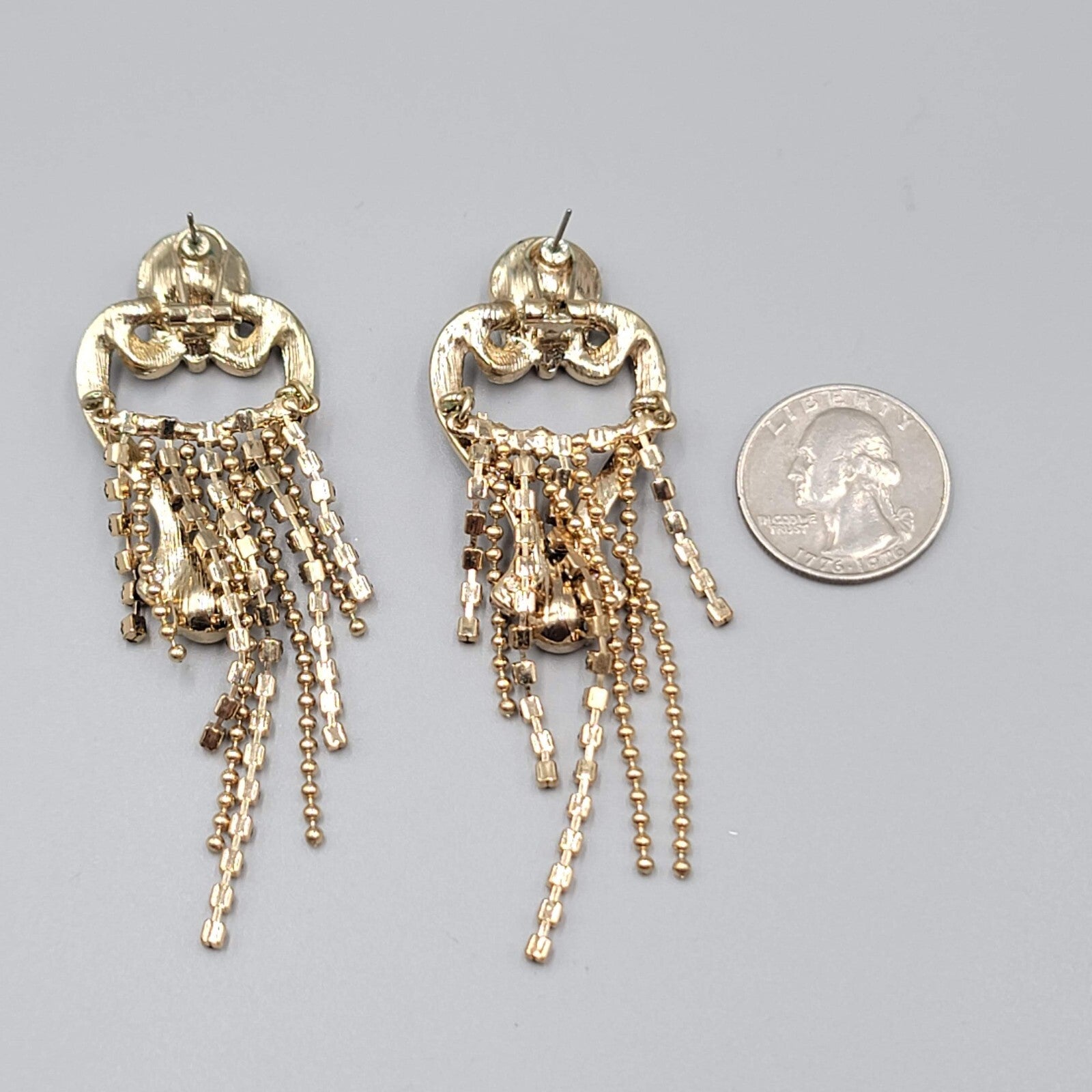 Statement Pierced Earrings Gold tone Black Rhinestone Chandelier Long 3.25"