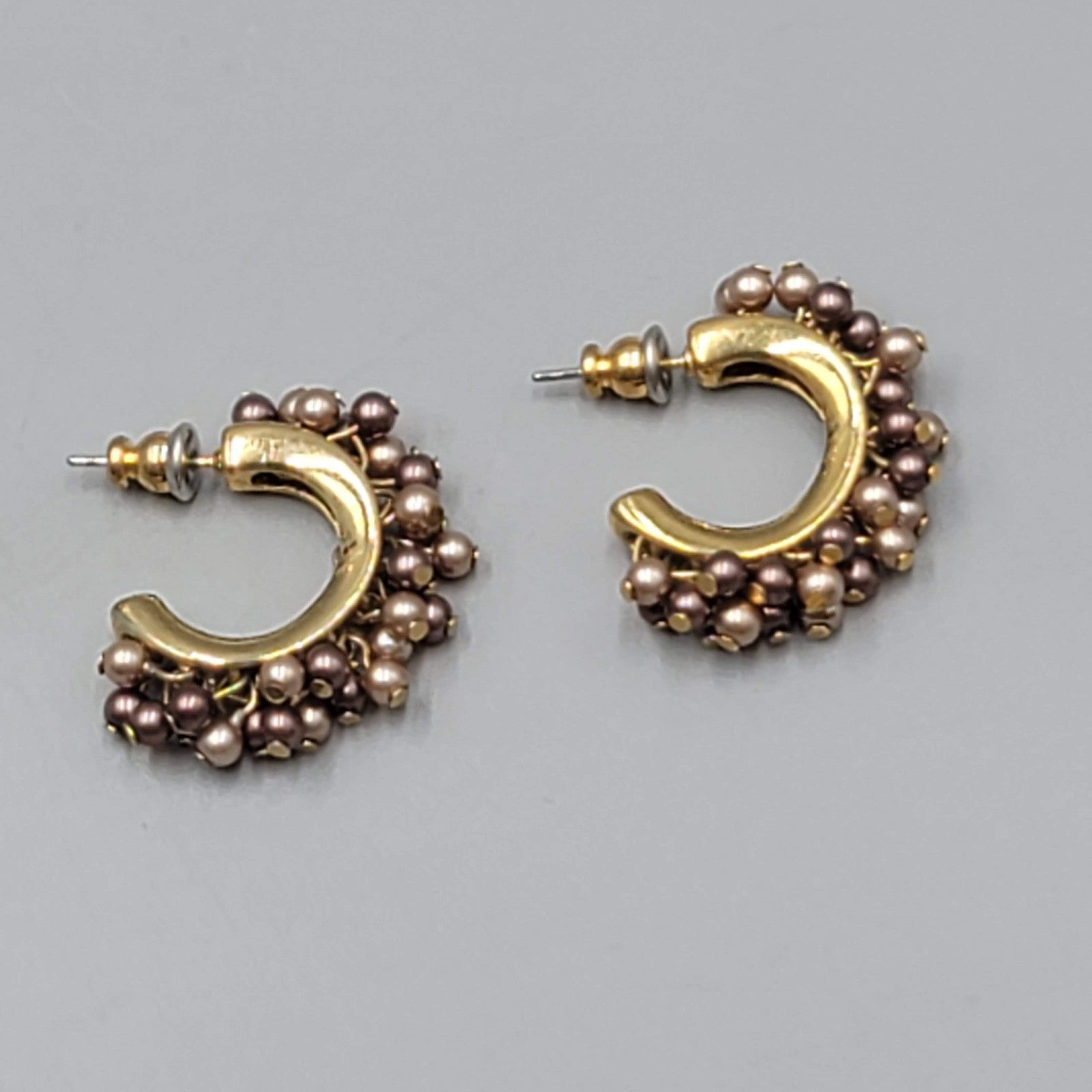 Multi tone Bead Hoops Pierced Earrings Gold tone Dangle 1"