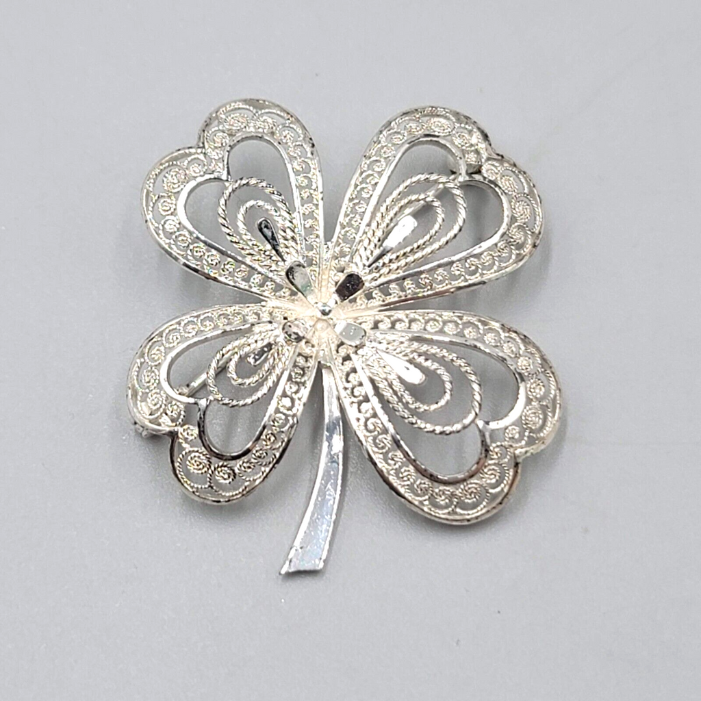 Vintage Sterling Silver Shamrock Filigree Brooch Germany 1 5/8"
