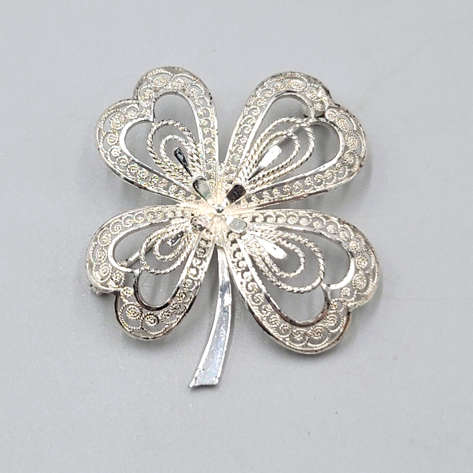 Vintage Sterling Silver Shamrock Filigree Brooch Germany 1 5/8"