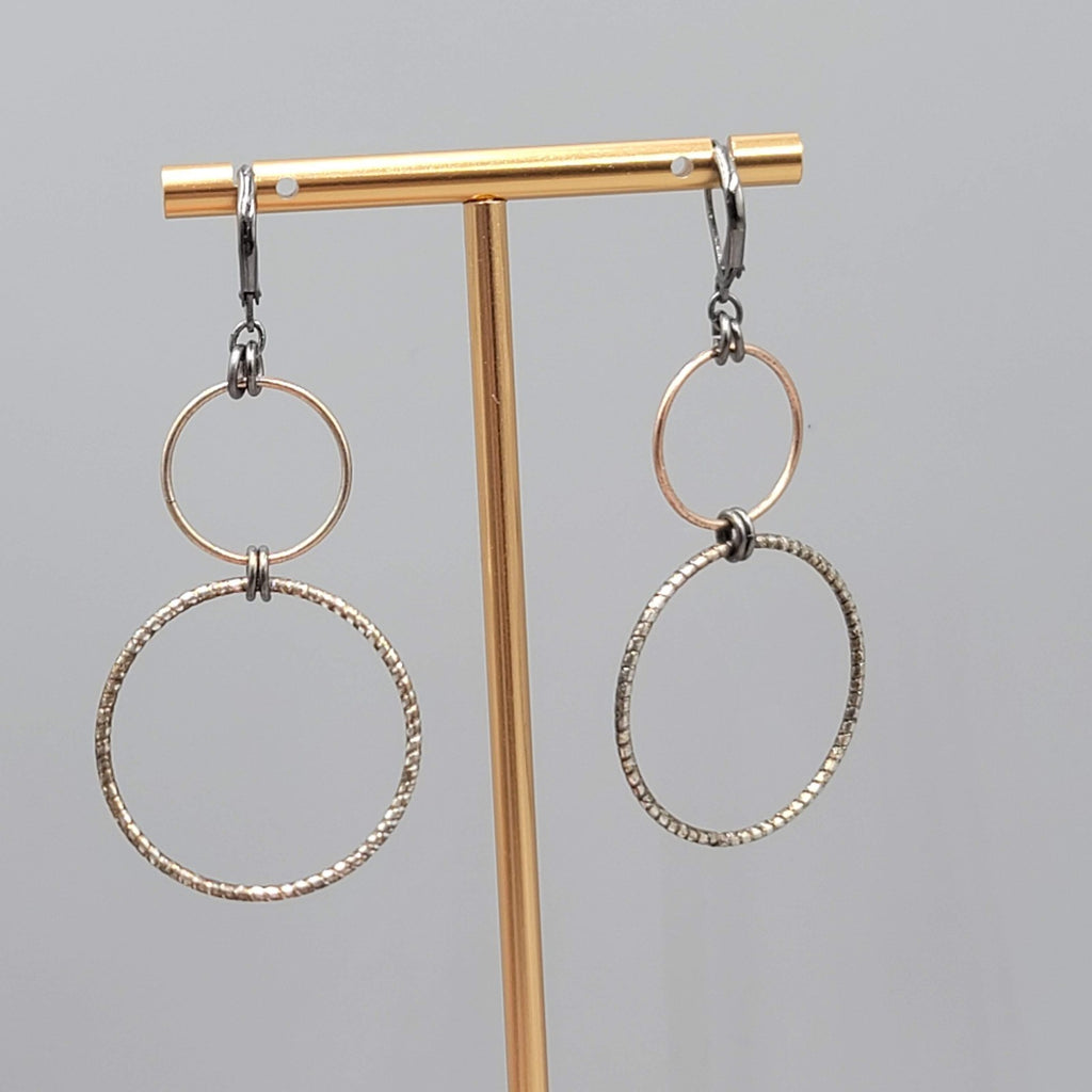 Pierced Earrings Black Gold tone Double Ring Dangle 2 in