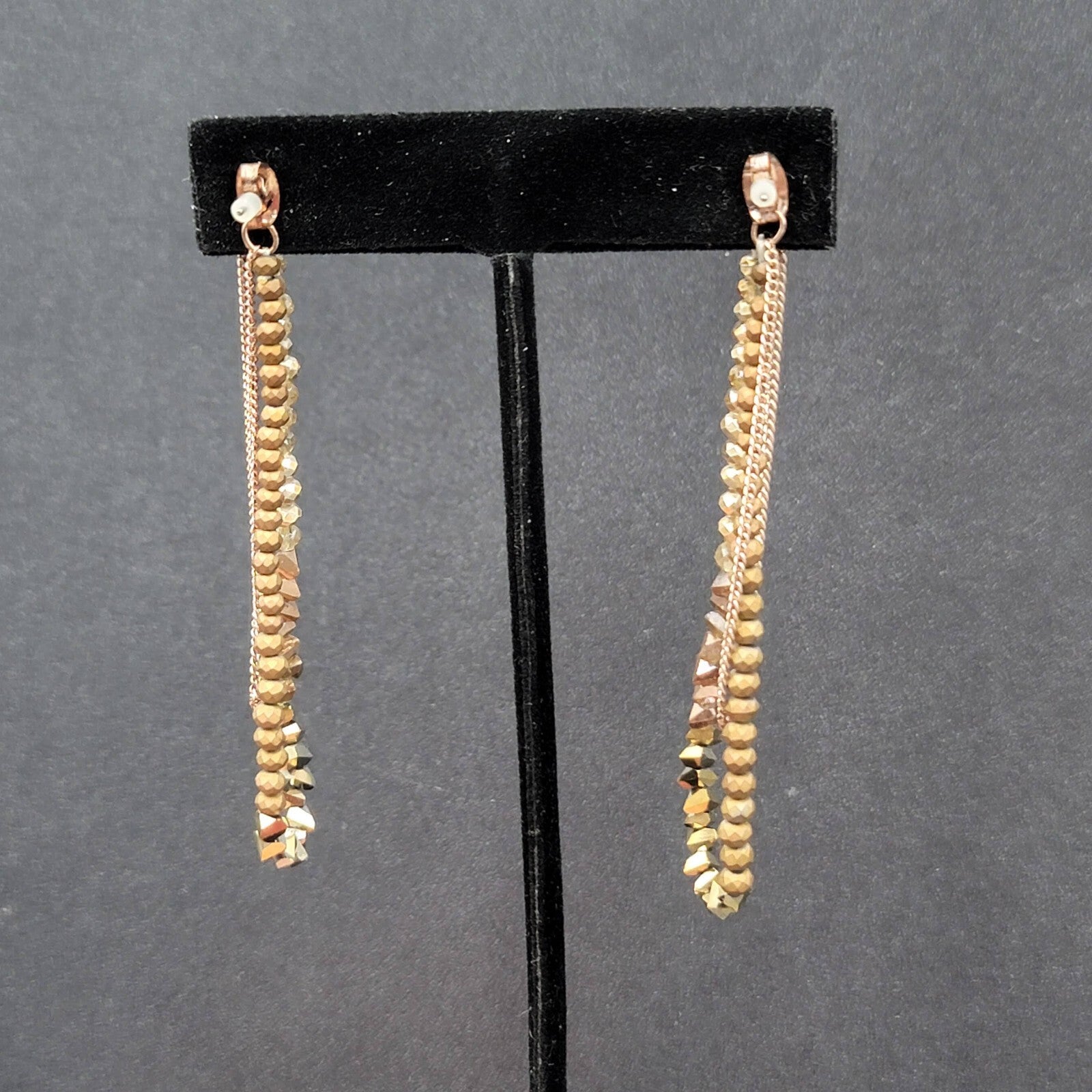 Pierced Earrings Gold tone Small Faceted Beads Dangle Loop To Back 3.25"