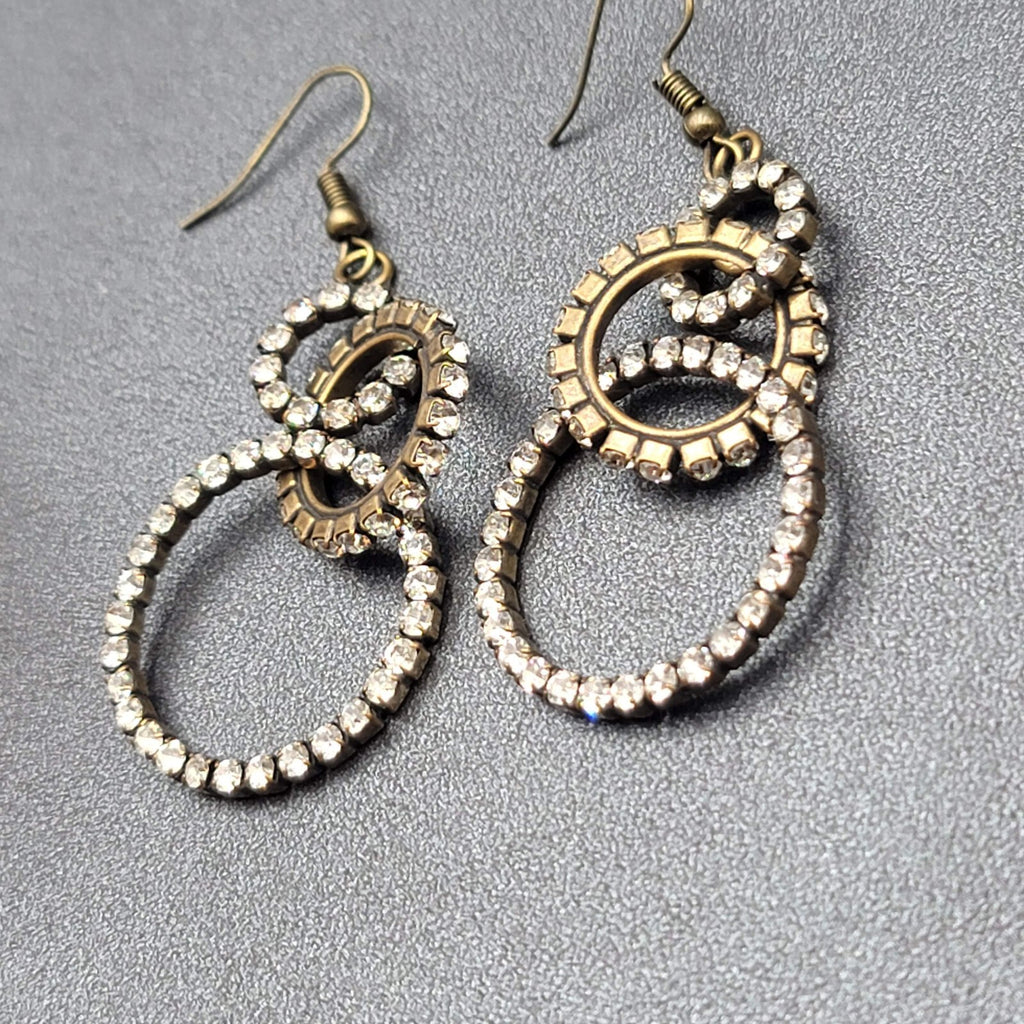 Pierced Earrings Bronze tone Concentric Circles Crystal Studded Dangle  2"