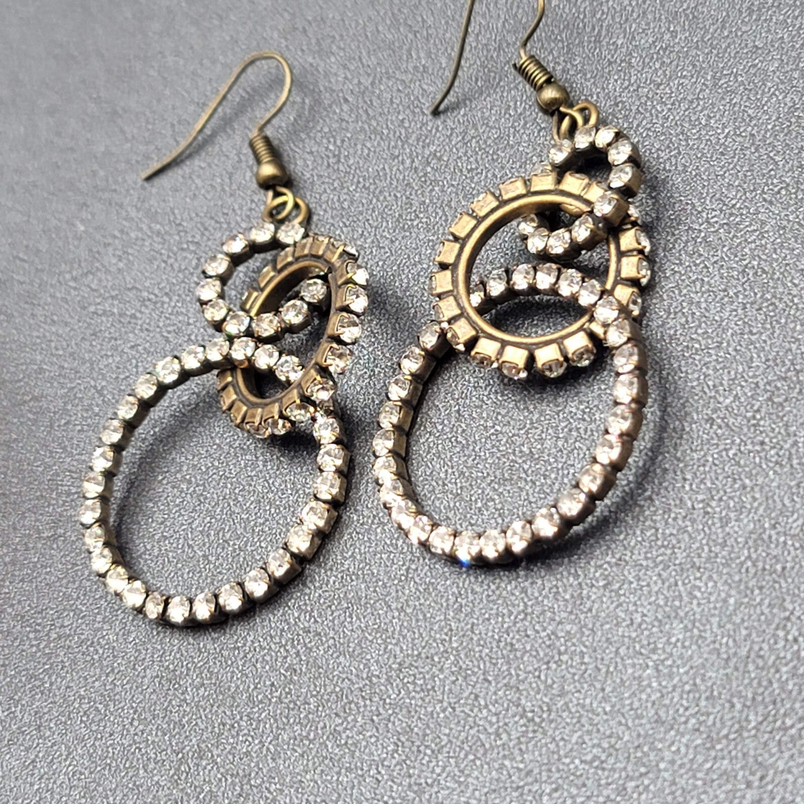 Pierced Earrings Bronze tone Concentric Circles Crystal Studded Dangle  2"