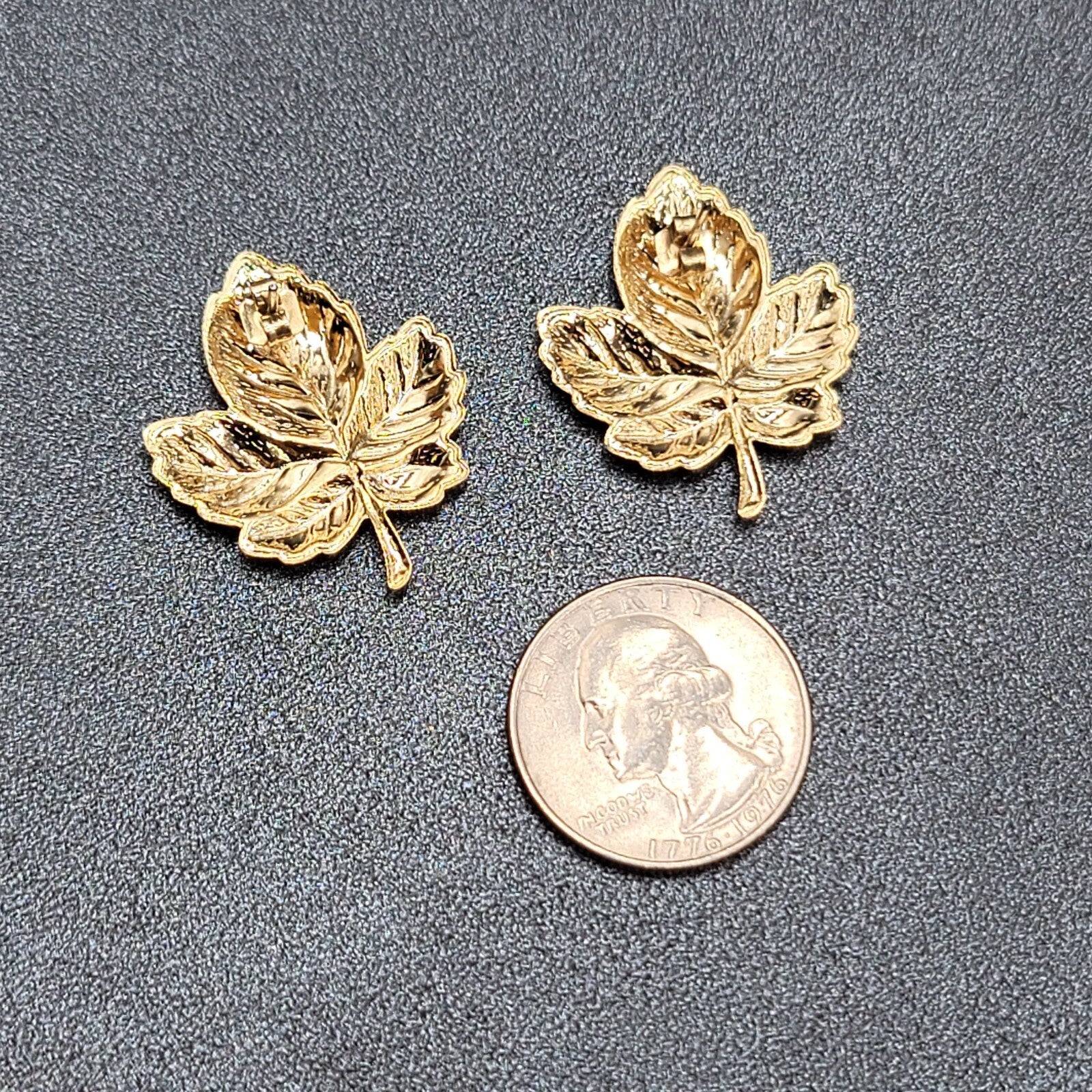 Pierced Earrings Gold tone Green Enamel Leaves Drop 1.25"