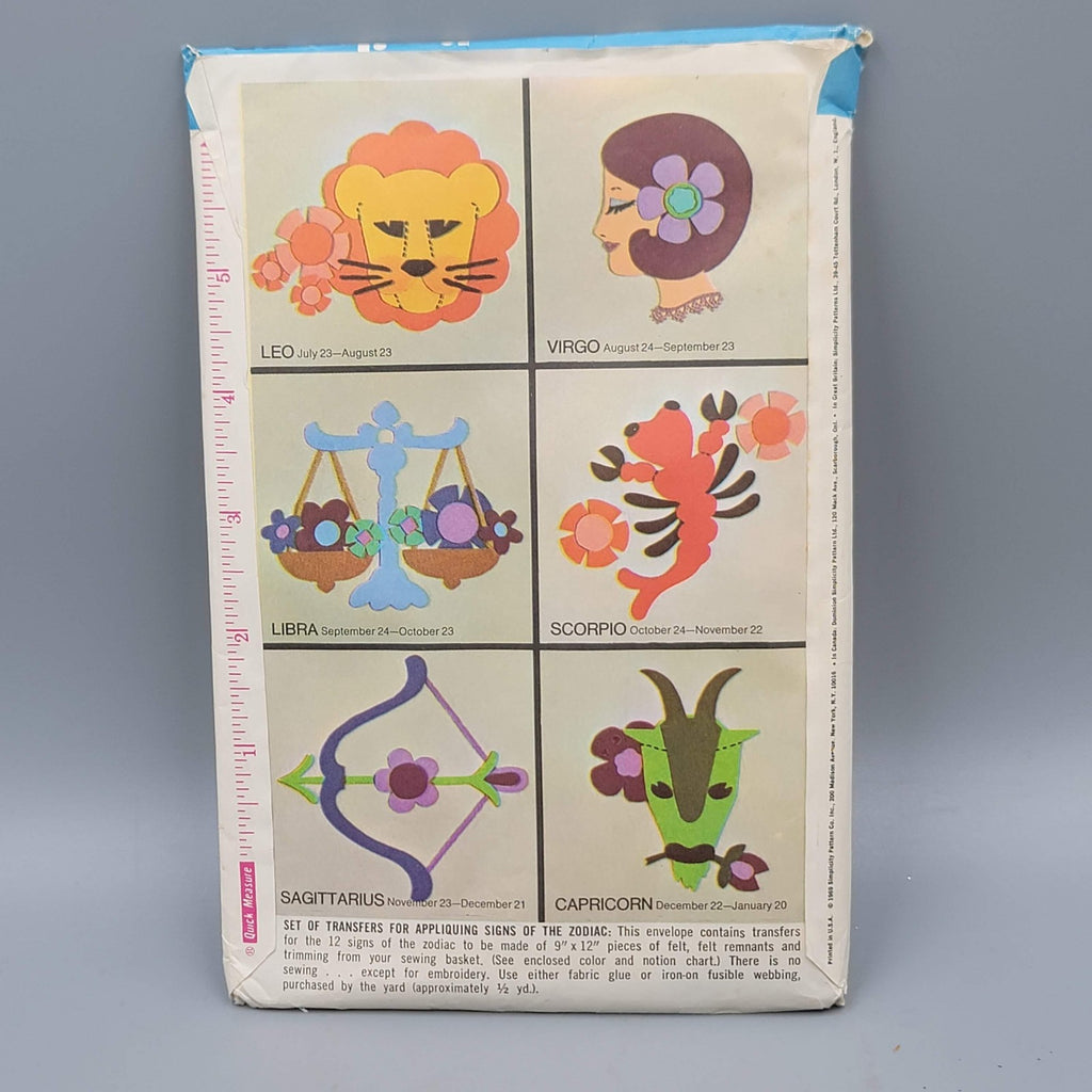 Vintage Simplicity Sewing Pattern Appliques Zodiac Signs 8431 Sew Transfer