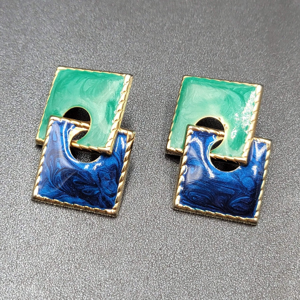Vintage Pierced Earrings Gold tone Blue Teal Enamel Double Square Drop 2"