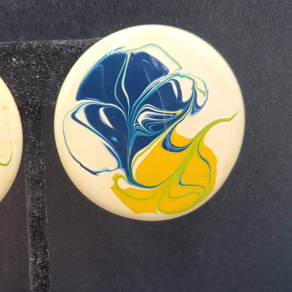 Vintage Pierced Earrings Large Round Yellow Blue Cream Enamel 1.75"