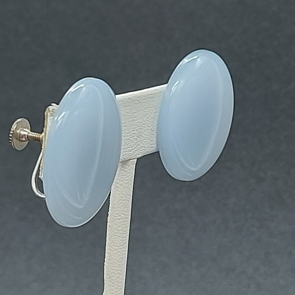 Vintage Clip on Earrings Blue Chatoyant Resin Disc Button Style 1" Screw Back
