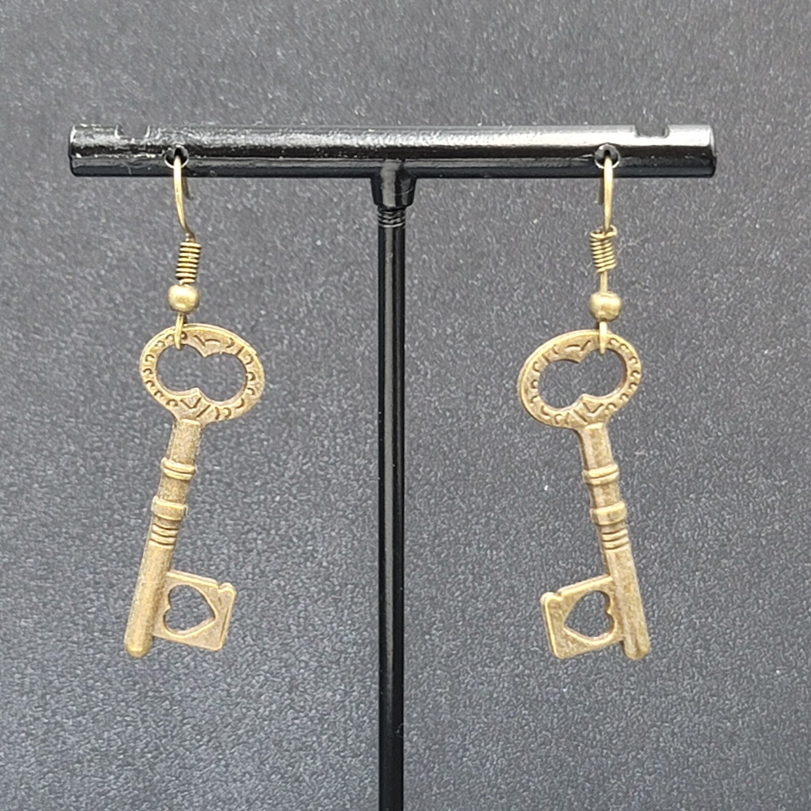 New Heart Skeleton Key Pierced Earrings Bronze tone Dangle 1 3/8"
