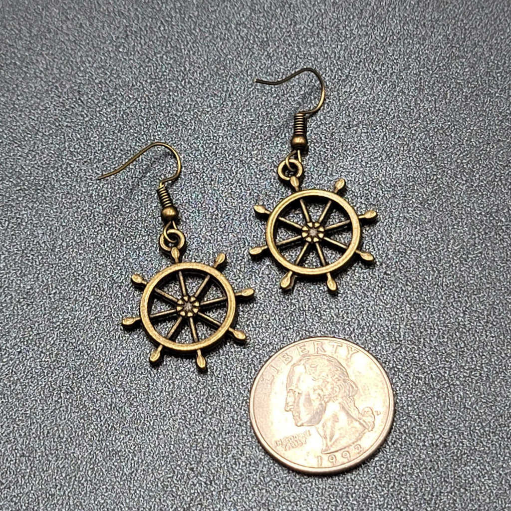 New Helm Pierced Earrings Bronze tone Ships Wheel Nautical Dangle 1"