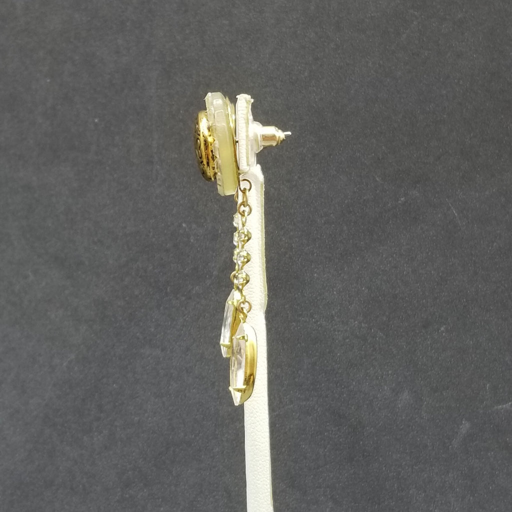 Pierced Earrings Gold tone Heart Flower Button Faceted Crystal Dangle 2 1/4"