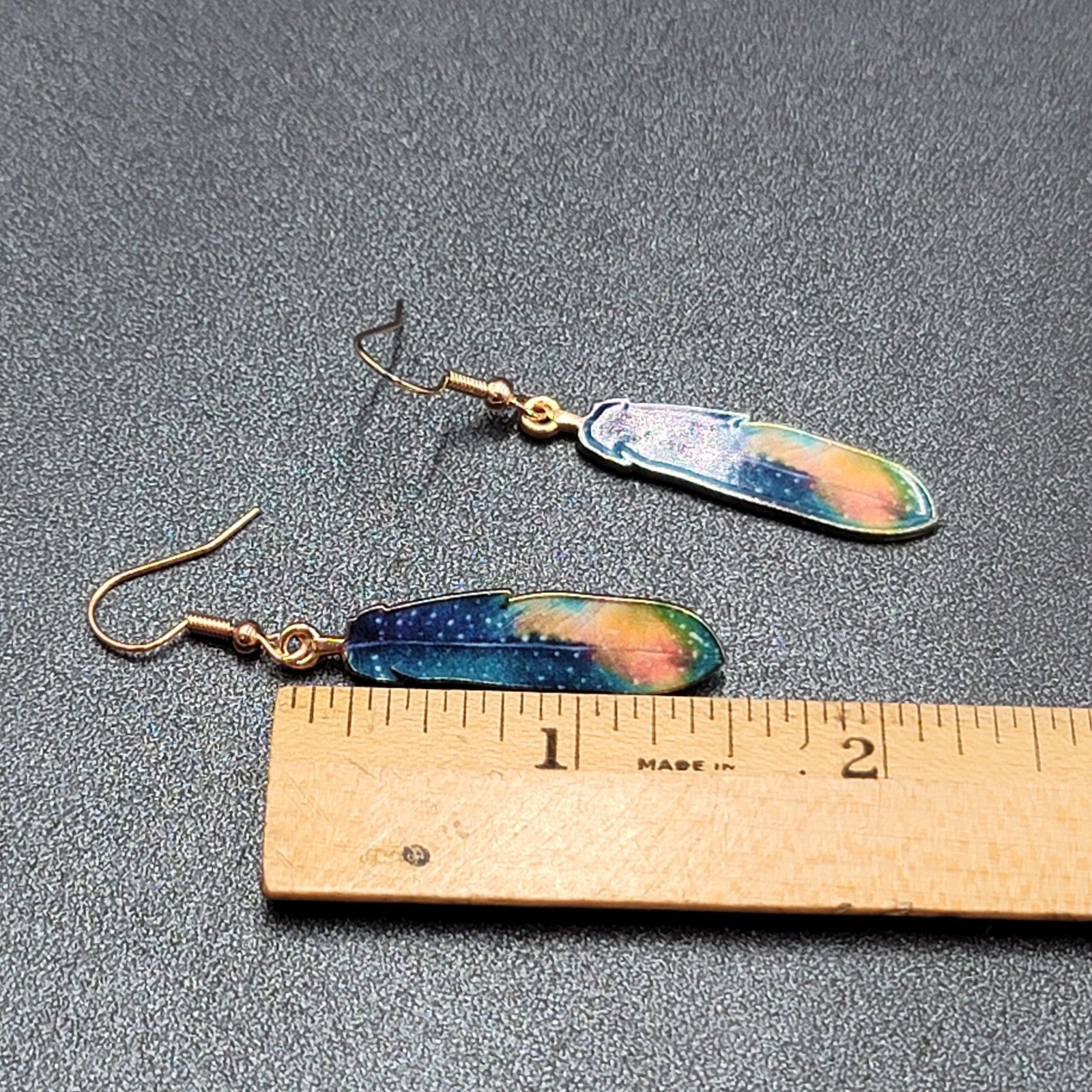 Metal Feather Pierced Earrings Cosmic Blue Galaxy Gold tone Dangle 1.5"