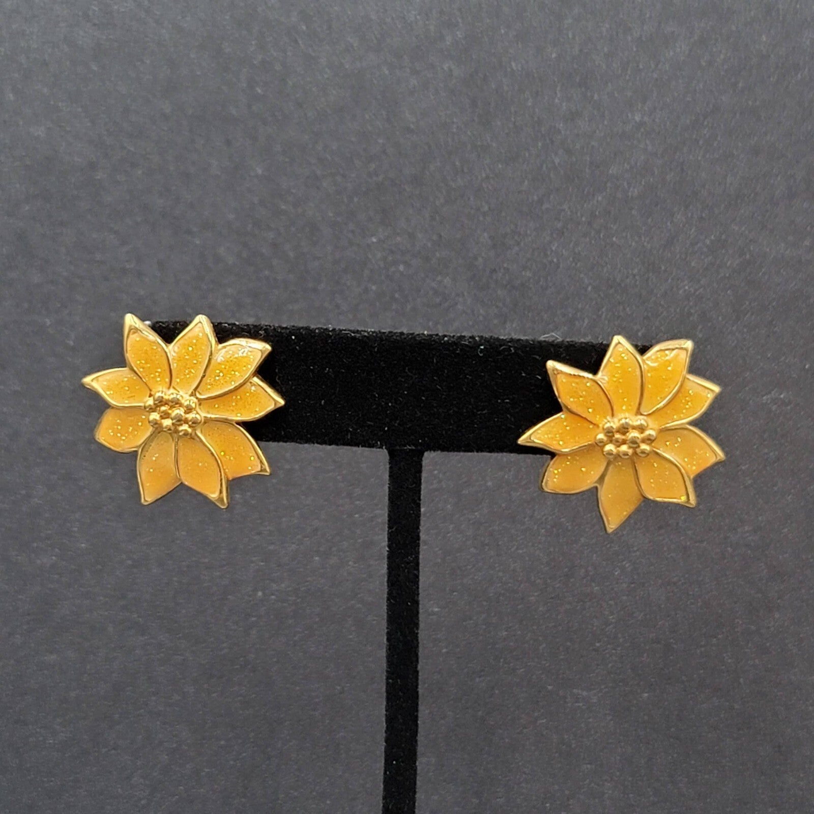 Vintage Pierced Earrings Yellow Enamel Poinsettia Flower Drop 1"