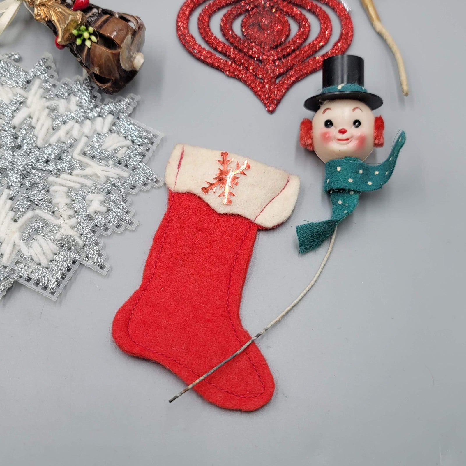 Vintage Christmas Ornaments Lot Red Plastic Chain Snowman Shell Angel