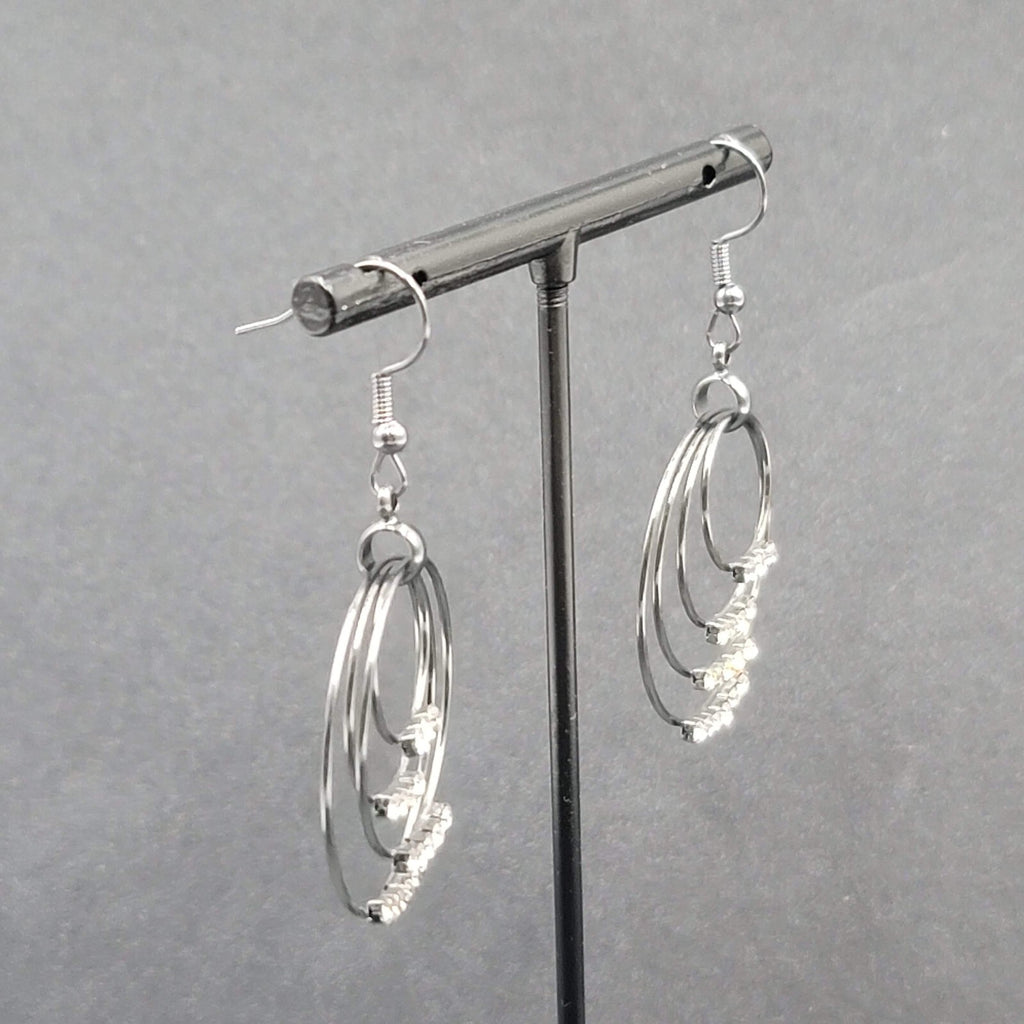 Pierced Earrings Black Metal Crystal Layered Hoops Dangle 1.75"