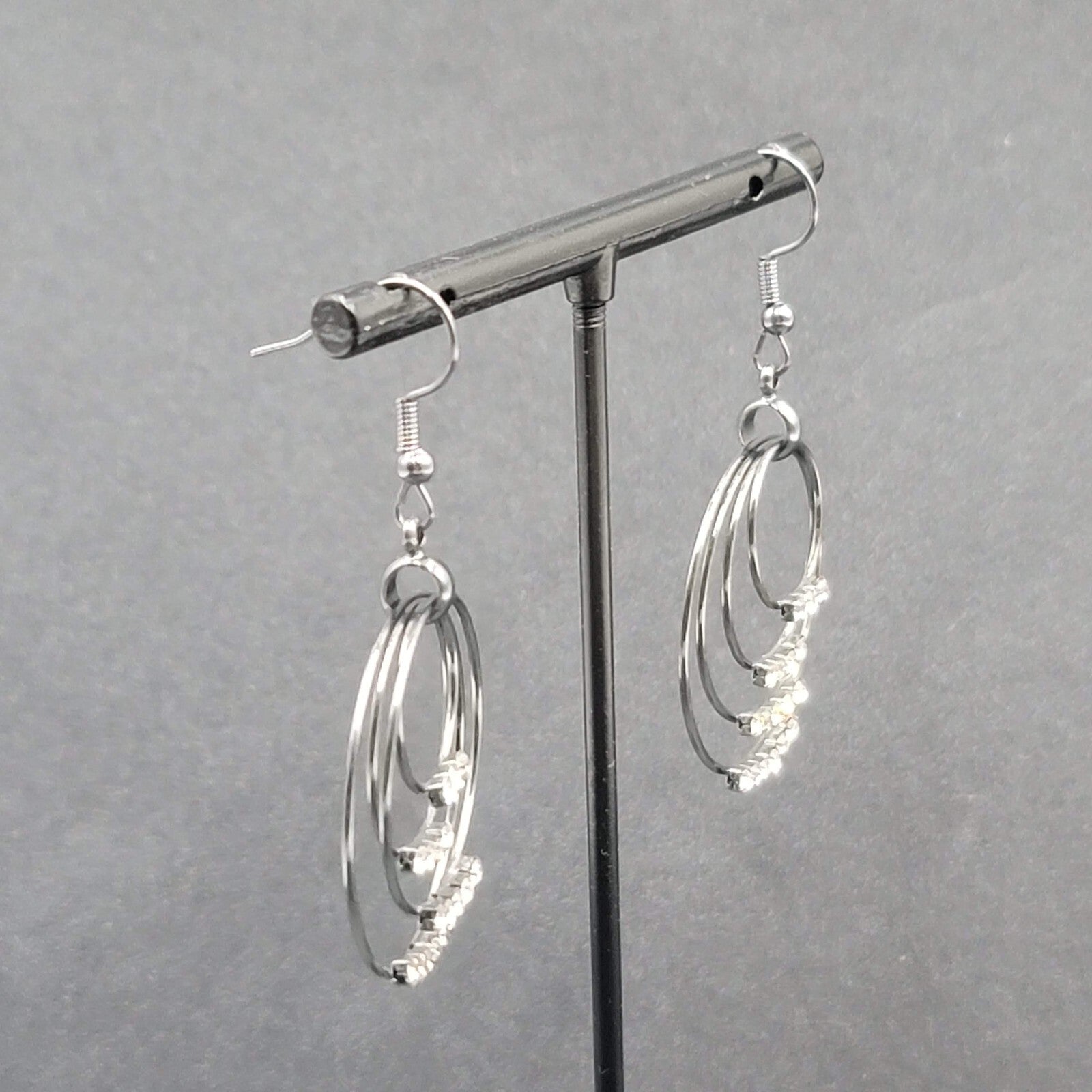 Pierced Earrings Black Metal Crystal Layered Hoops Dangle 1.75"