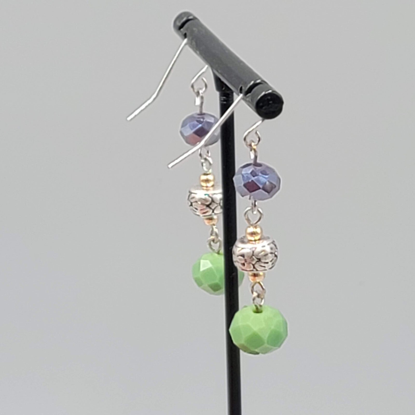 Pierced Earrings Silver tone Purple Green Glass Beads Dangle 1.5"