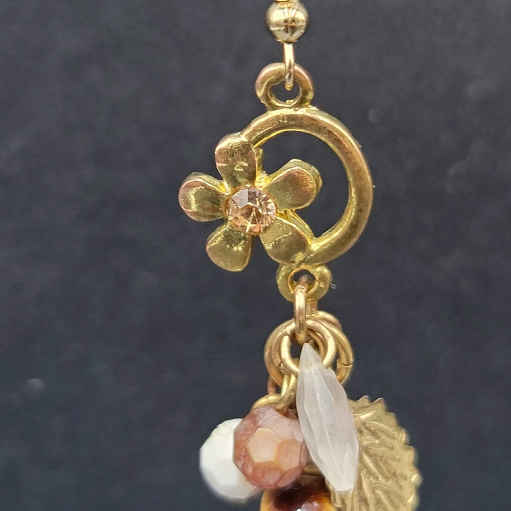 Pierced Earrings Gold tone Pottery Flower Bead Dangle Leaves 2"