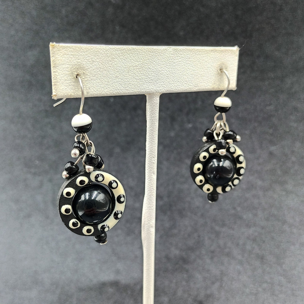 Pierced Earrings Black White Acrylic Captive Bead Statement Dangle 1 1/2"