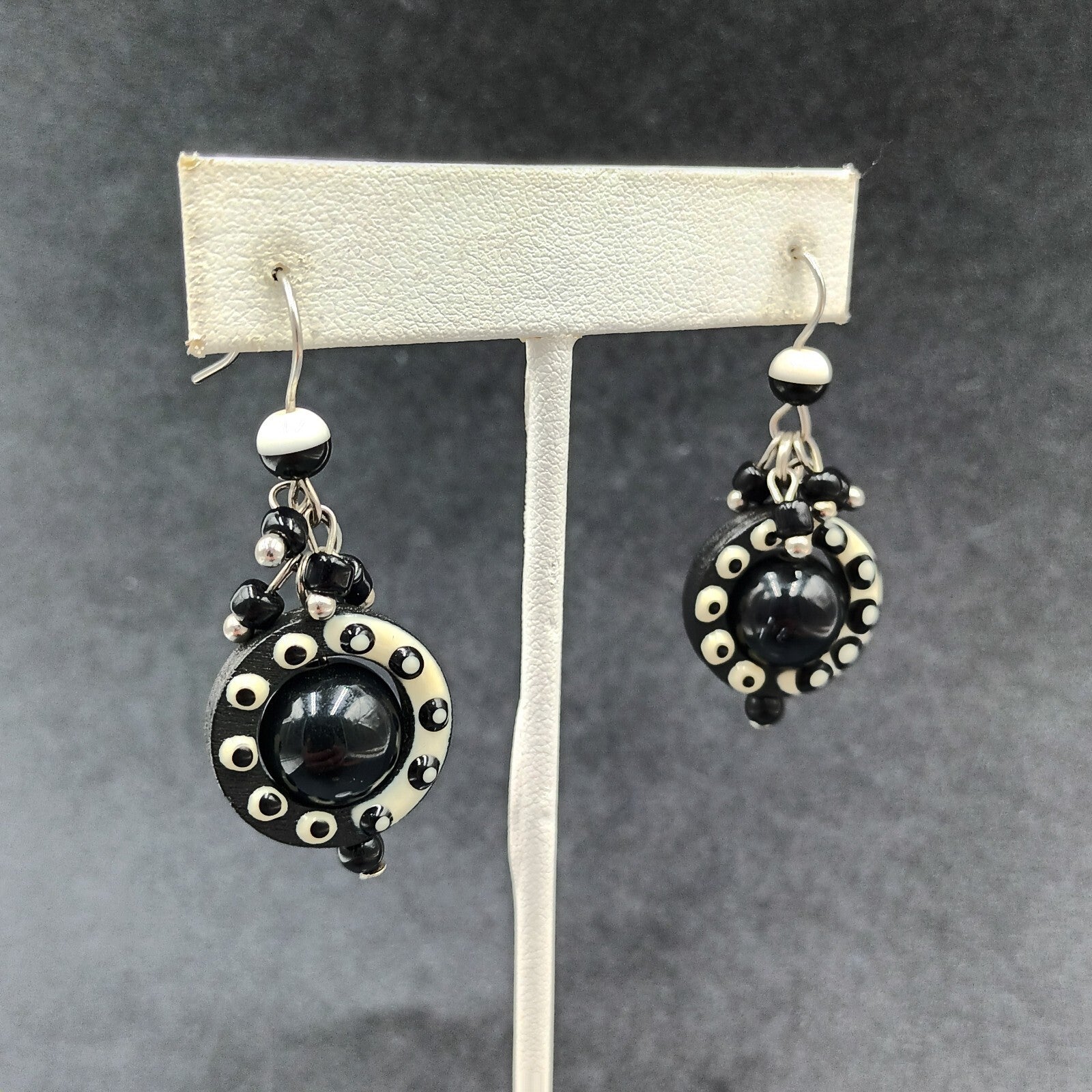 Pierced Earrings Black White Acrylic Captive Bead Statement Dangle 1 1/2"