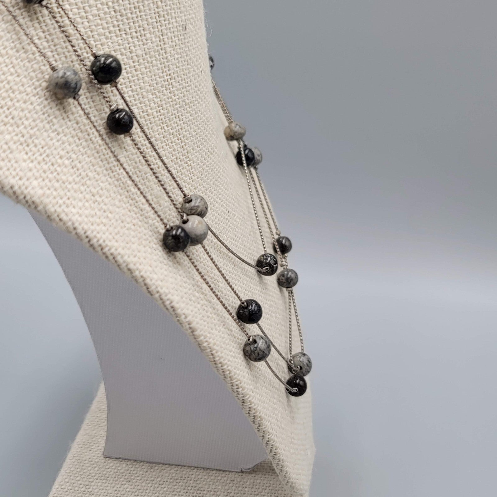 Triple Layer Gray Black Stone Station Bead Necklace Silver tone 16"