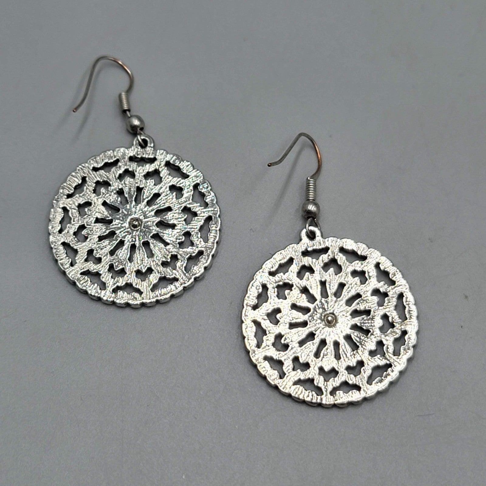 Open Work Flower Medallion Pierced Earrings Silver tone Dangle 1.25 in