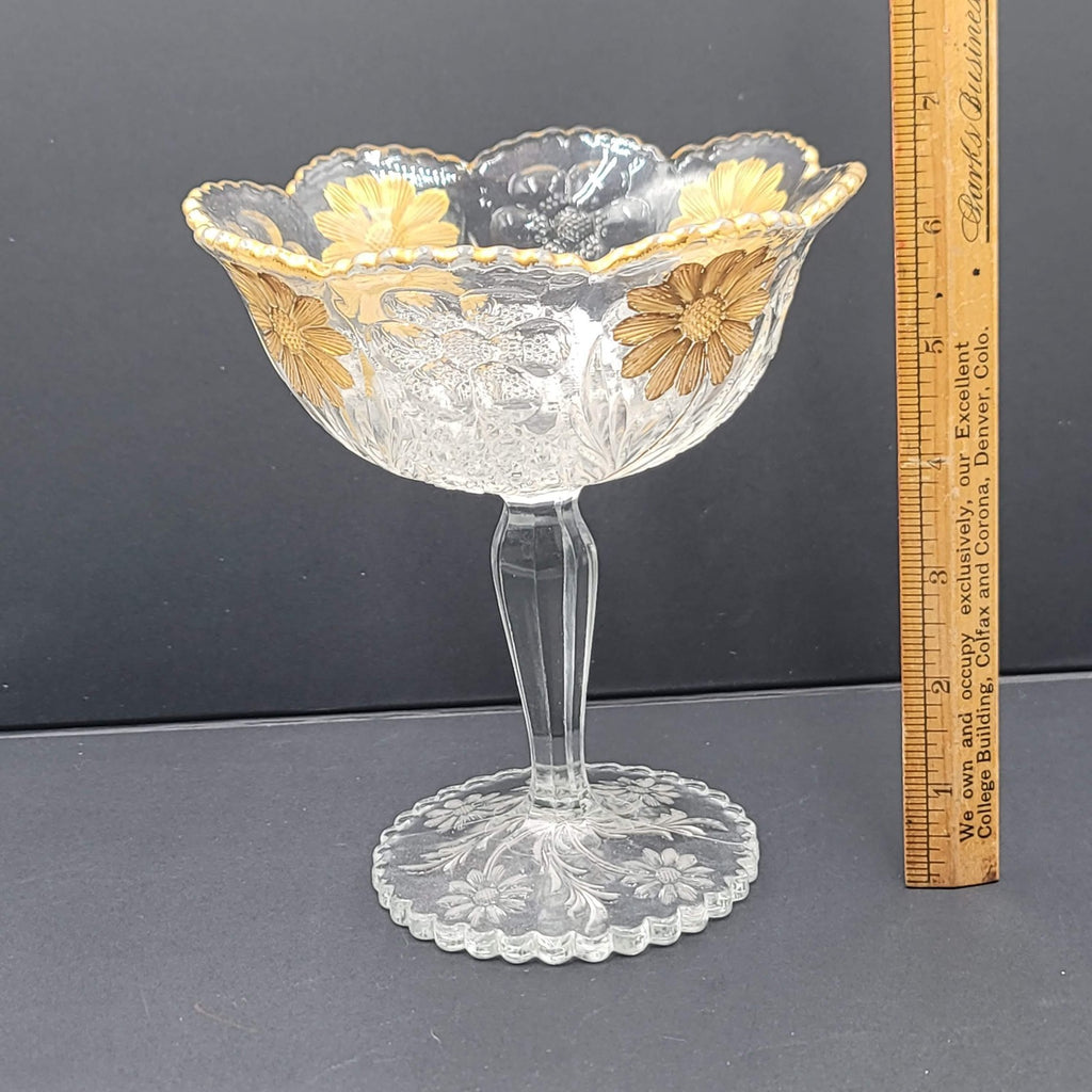 Pressed glass compote candy dish clear gold daisy floral pedestal scalloped rim