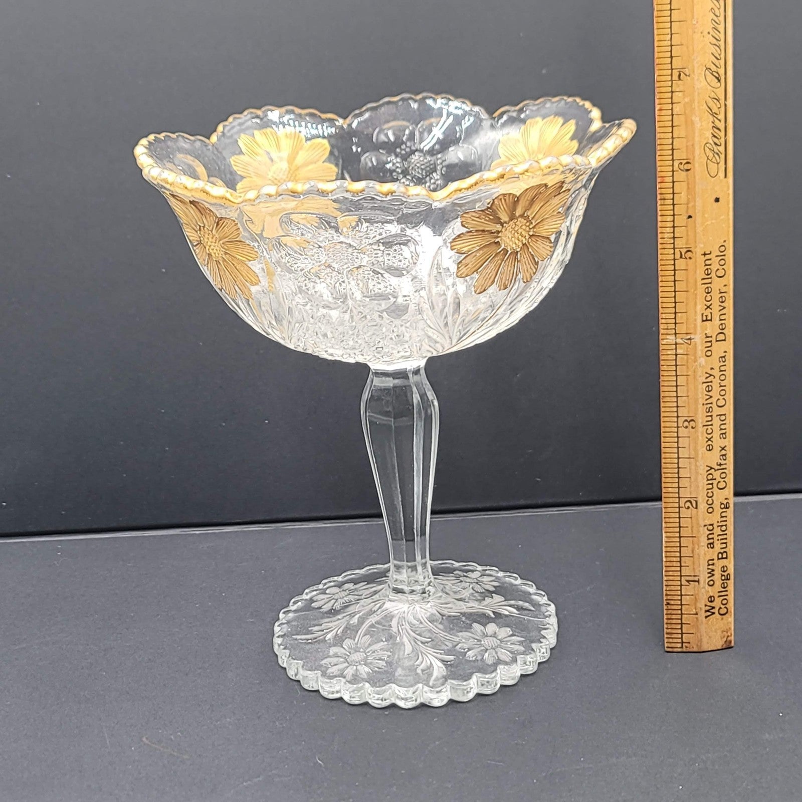 Pressed glass compote candy dish clear gold daisy floral pedestal scalloped rim