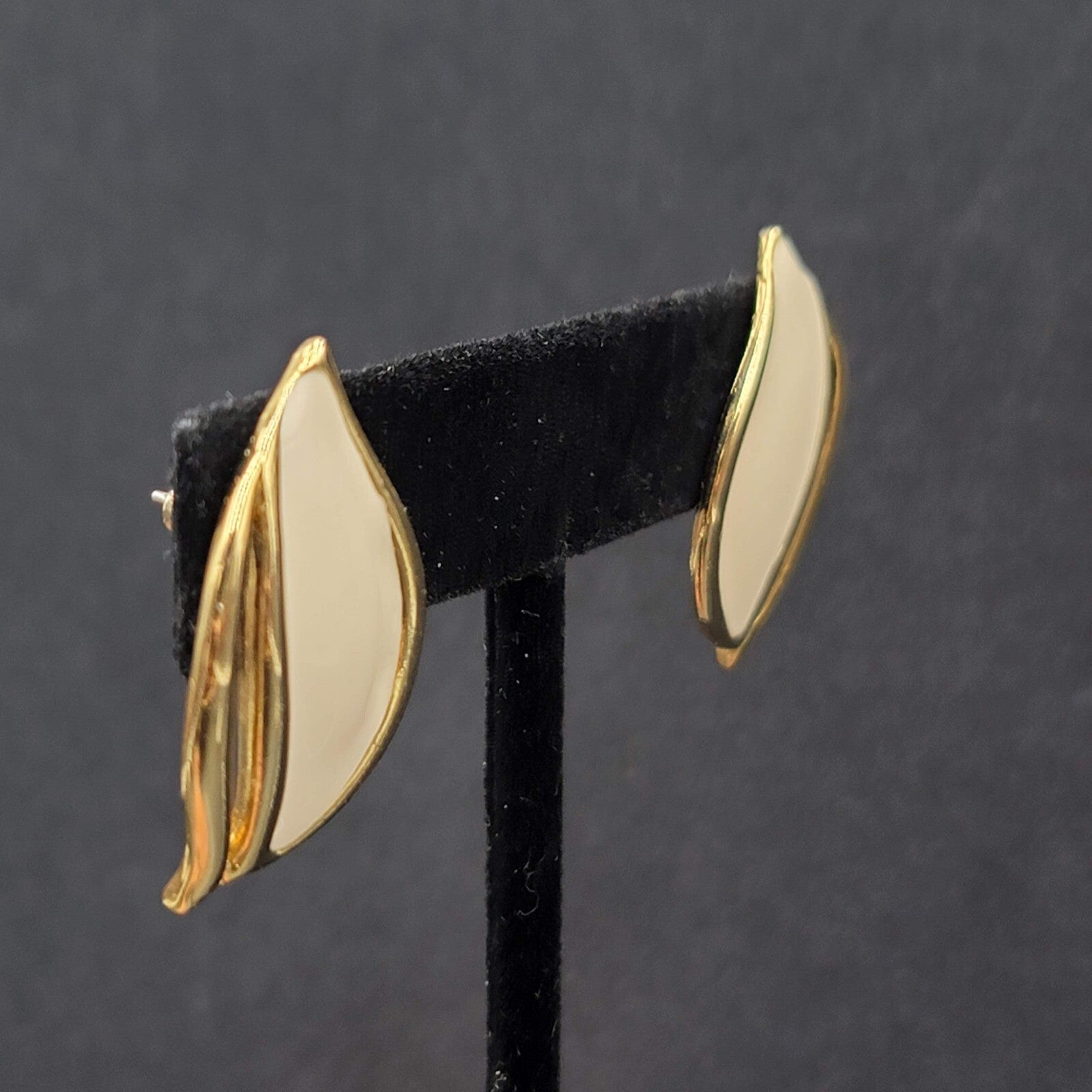 Vintage Pierced Earrings White Enamel Gold Plated Drop 1.25"