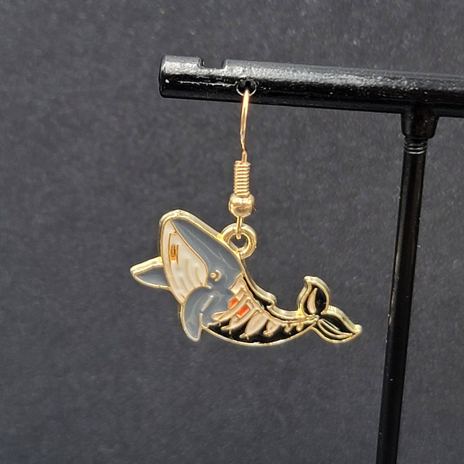 Zombie Whale Pierced Earrings Halloween Half Skeleton Enamel Dangle 5/8"