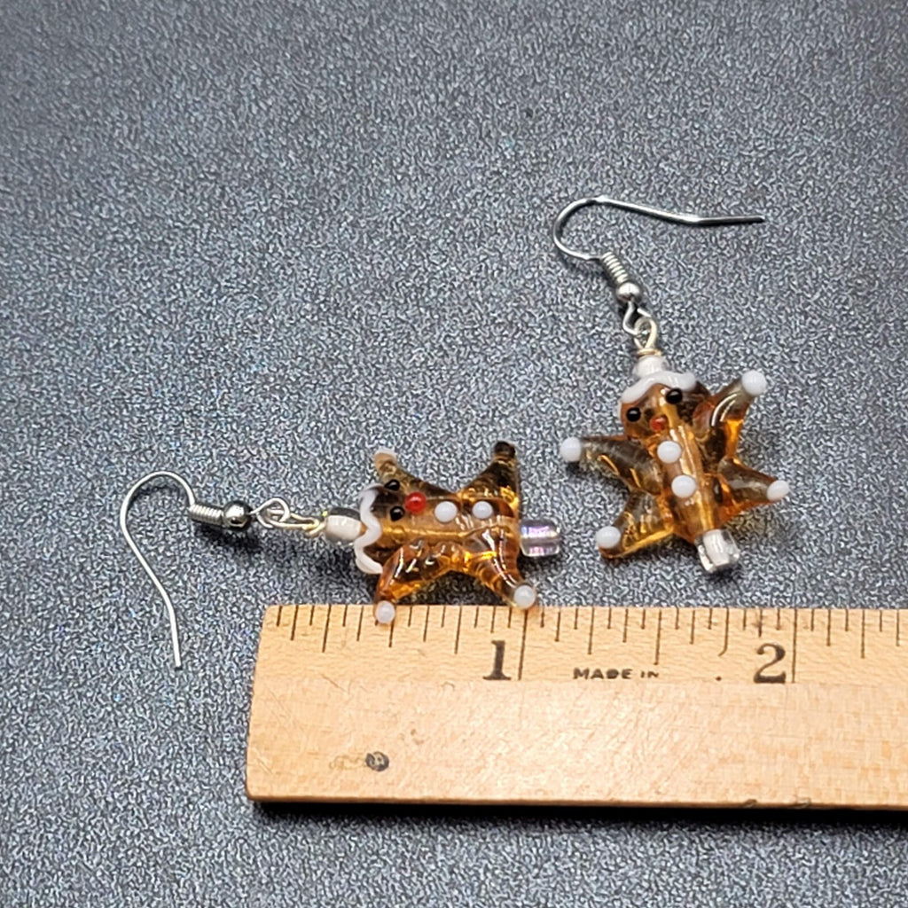 Art Glass Pierced Earrings Gingerbread Star Men Dangle 1"
