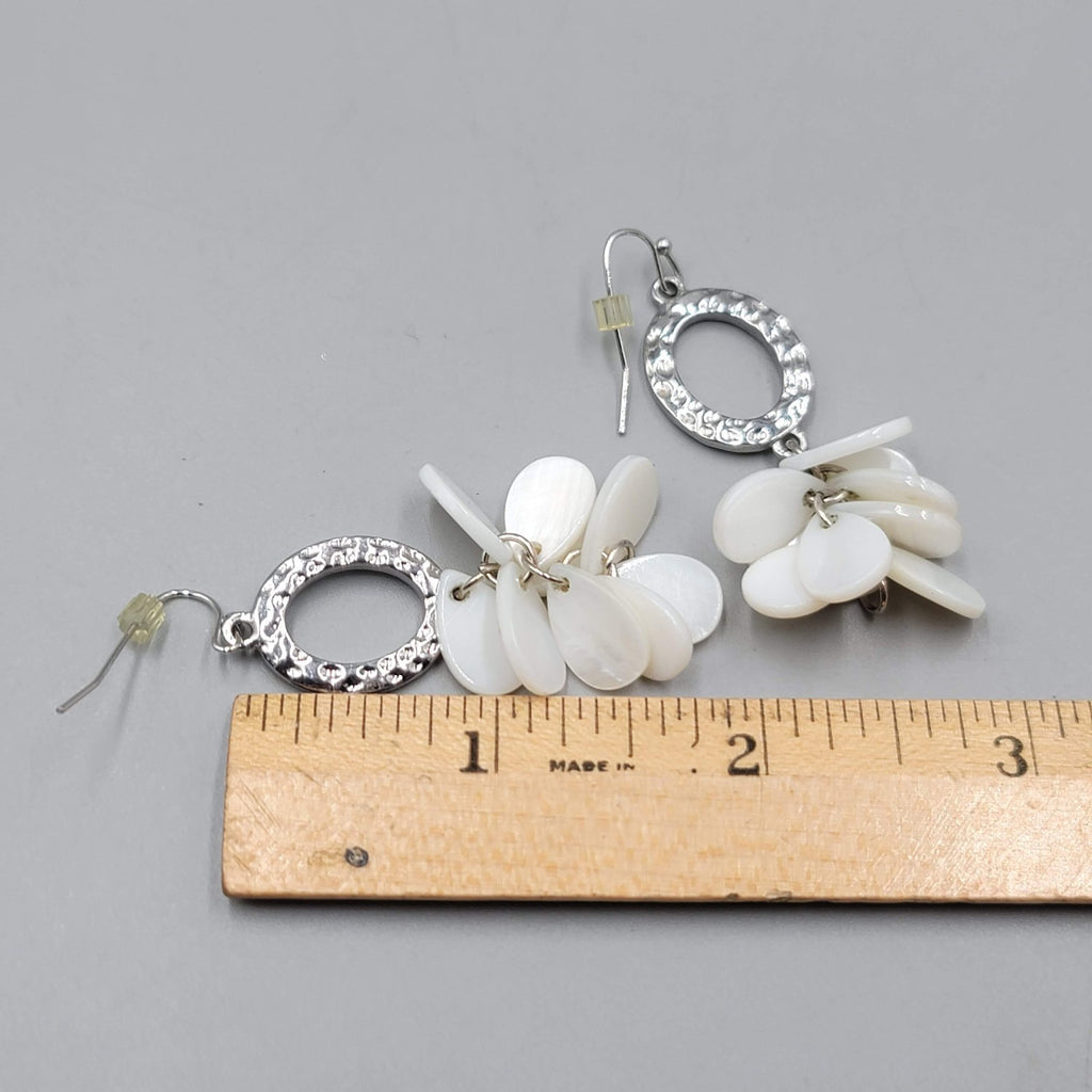 White Shell Pierced Earrings Hammered Silver tone Dangle 2 in