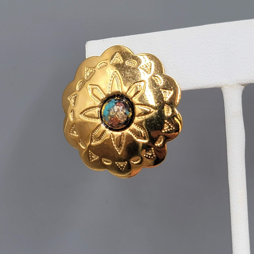 Vintage Southwest Concho Pierced Earrings Gold tone Foil Center Drop 1 1/8"