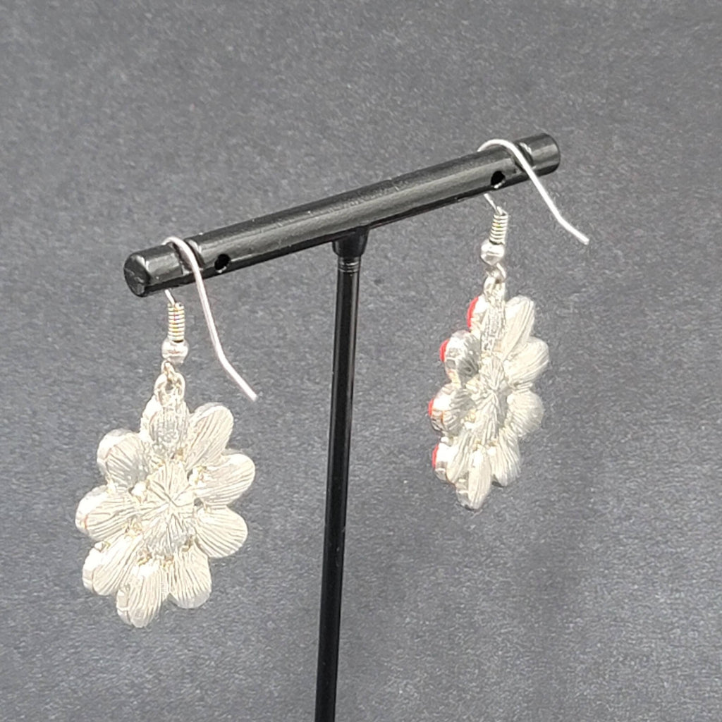 Pierced Earrings Silver tone Red Acrylic Accents 1 1/8"