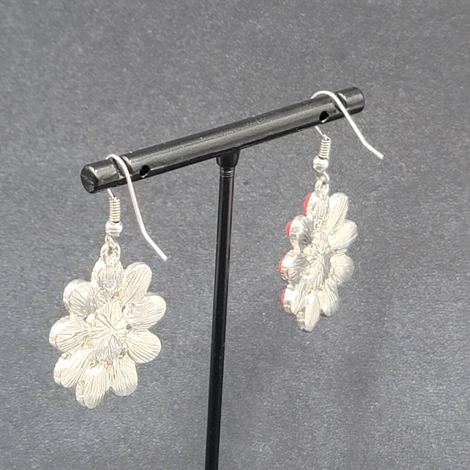 Pierced Earrings Silver tone Red Acrylic Accents 1 1/8"