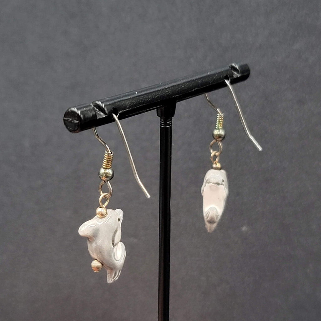 Pierced Earrings Porcelain Dolphin Dangle So Cute! 3/4"