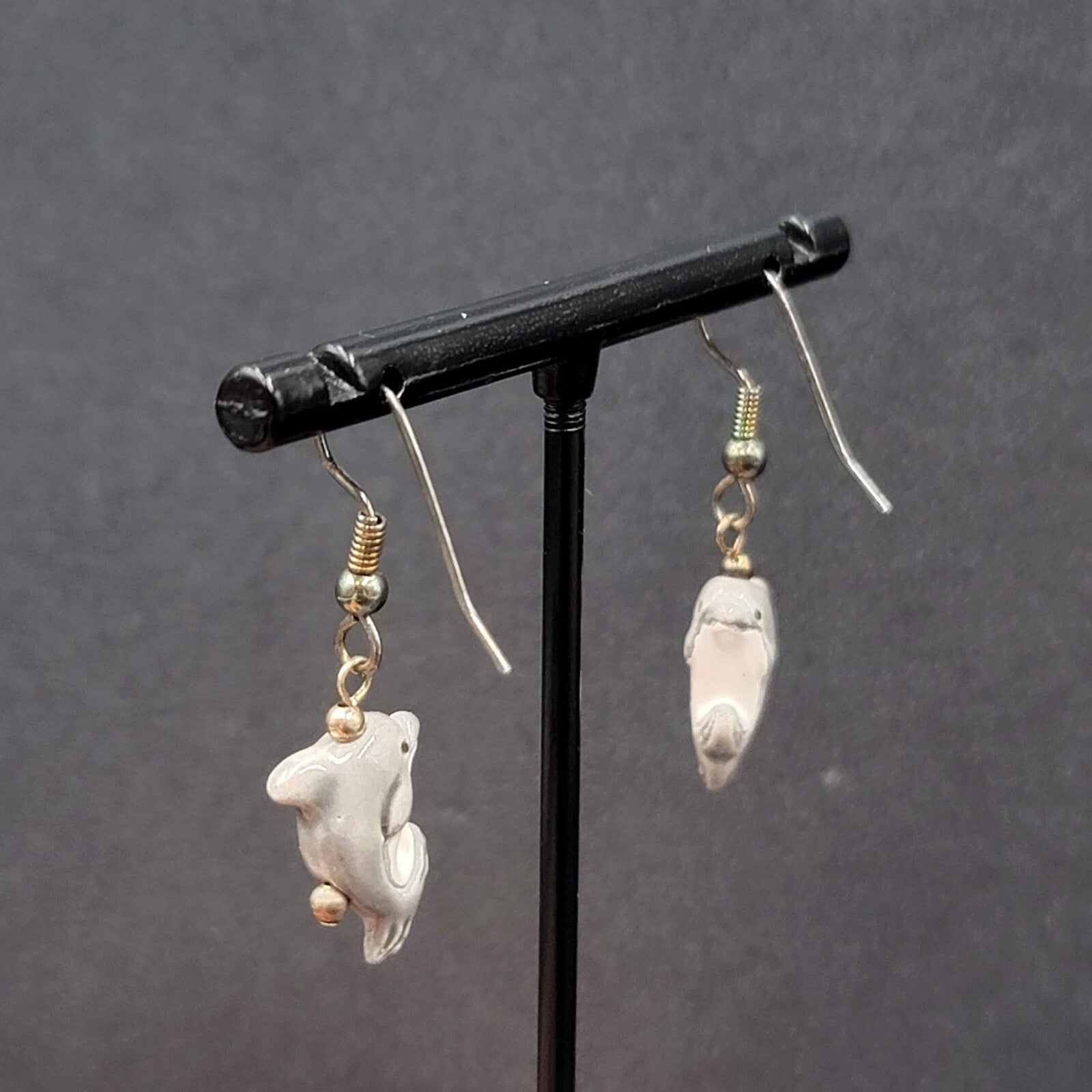 Pierced Earrings Porcelain Dolphin Dangle So Cute! 3/4"