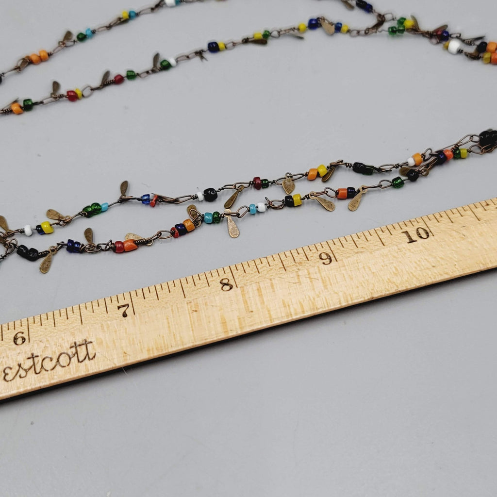 Artisan Multicolor Seed Beads Large Brass Pendant Necklace Long 42 in